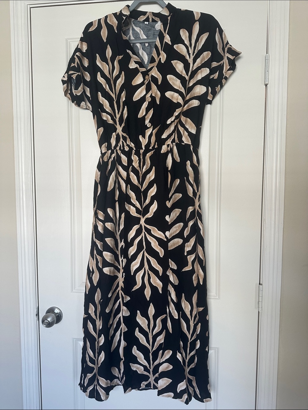 Black Dress with Cream Leaf Print - Women's Button-Front Midi Dress